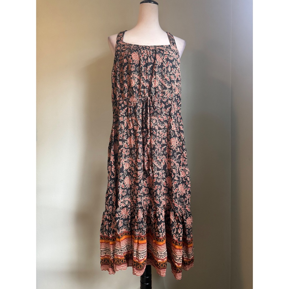 Beachlunchlounge‎ Floral Paisley Midi Dress Large Rust Tiered Ruffle boho whimsi